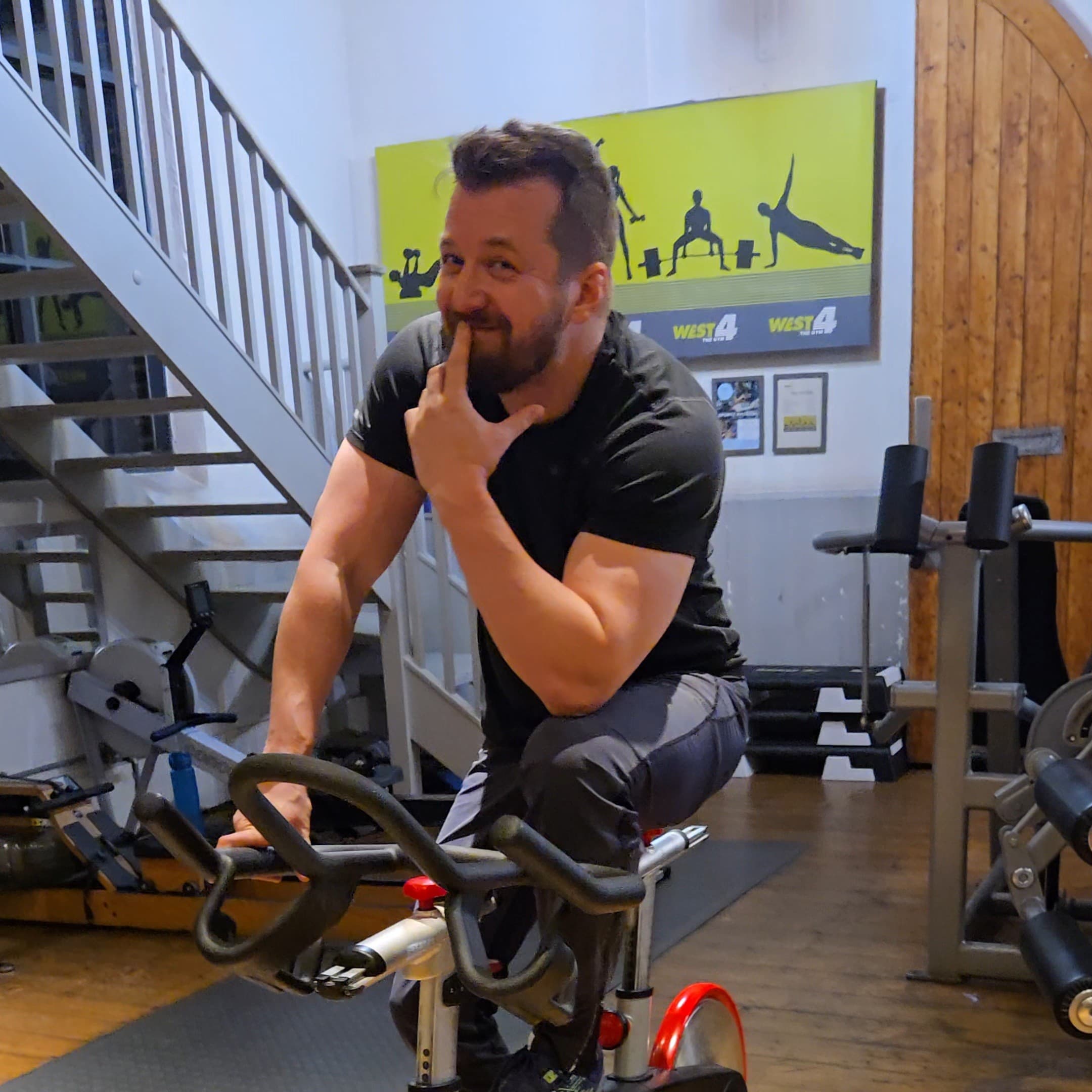 Justin. On the bike, in on the joke, still putting in the work.